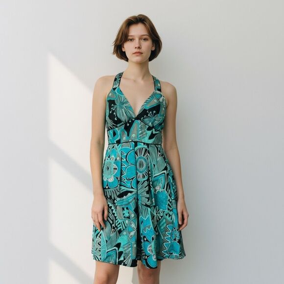 Corey P. Turqouise/Black Floral Abstract Halter Knee Length Flare Dress 10 - Picture 1 of 6